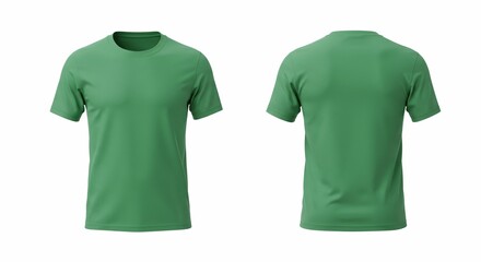 Blank Green T Shirt Front and Back Mockup, Empty Template For Your Design, Advertisement, Branding, Text or Logo. Isolated on White Background.
