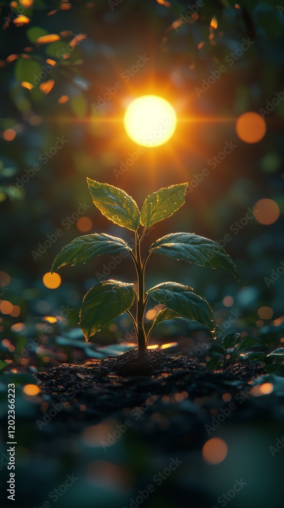 Poster sprouting plant illuminated by glowing light in enchanting forest setting during twilight