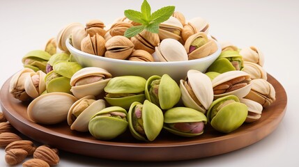 Raw pistachio nuts scattered on a wooden table with shells partially opened, studio view.