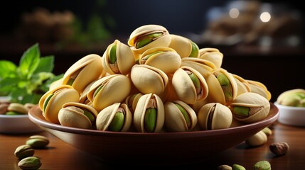 Shelled pistachio nuts arranged in a decorative bowl on a wooden surface, studio view.