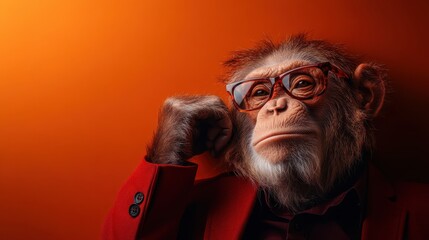 A contemplative ape in a red jacket is thoughtfully resting its chin on its fist, suggesting an insightful moment that combines whimsy with a serious undertone.