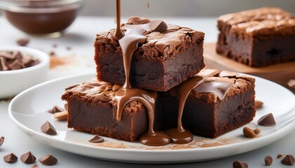 delicious brownies on a white plate with melted chocolate dripping and crumbs scattered capturing the essence of indulgence