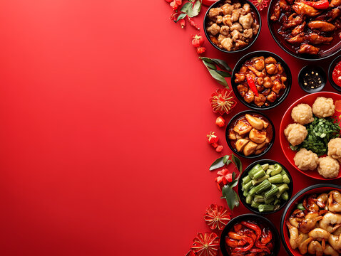 Red background with chinese oriental food ingredients menu with copy space
