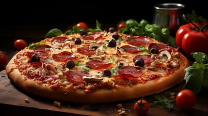 Golden-crusted pizza topped with fresh ingredients, perfect for gatherings or meals, studio view.