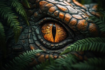 Close-Up View of Dinosaur Eye With Golden Details Among Jungle Foliage