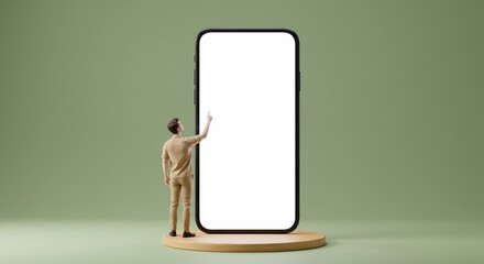 Pointing at device screen. Photo and 3d illustration of man standing next to huge 3d model of smartphone with empty white screen isolated on green background. Mockup for ad, text, design, logo