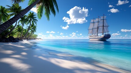 Tranquil Tropical Beach with Sailboat and Palm Trees