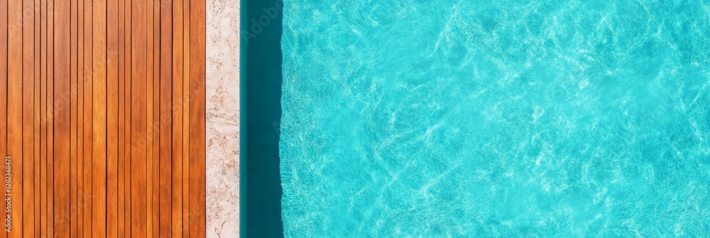 Aufkleber top view of a wooden poolside deck next to a crystal clear turquoise swimming pool, creating a luxur