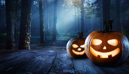 halloween pumpkins sparkling in myth night wooded area