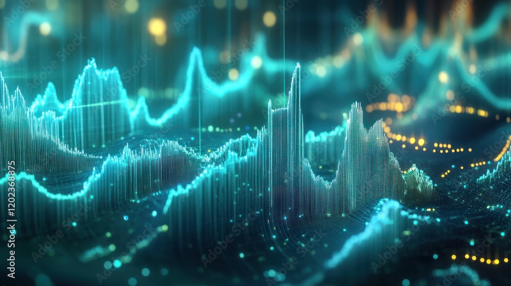 Poster abstract data visualization of blue and yellow graph with digital texture and lights