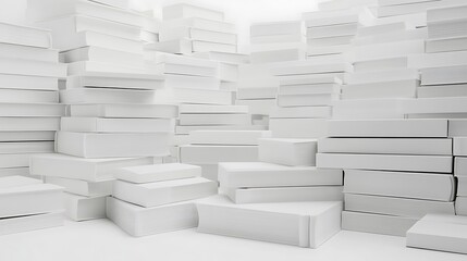 Abstract 3D white book stairs arranged with negative space on white backdrop
