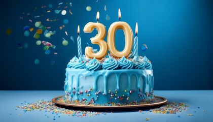 30th birthday cake with blue frosting colorful sprinkles and burning candles remoted on blue historical past