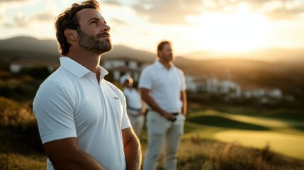 A thoughtful golfer stands with a serene expression, looking towards the sunset over a golf course, capturing the peaceful atmosphere of the game in nature.