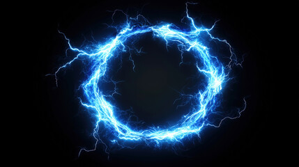 A powerful, glowing blue energy circle or portal with lightning-like electrical discharges against a dark, cloudy background. Represents power, energy, technology, or a supernatural phenomenon.