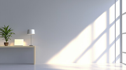 bright and minimal workspace featuring plant, lamp, and laptop on desk. sunlight casts beautiful shadows on wall