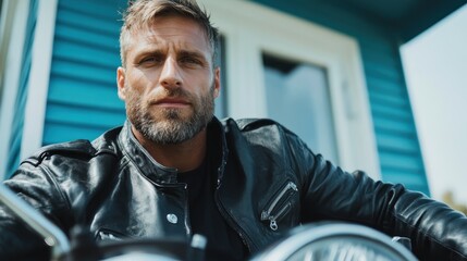 A rugged man poses confidently in a leather jacket, showcasing his strong features and charisma, with a hint of nostalgia highlighted by the blue background.