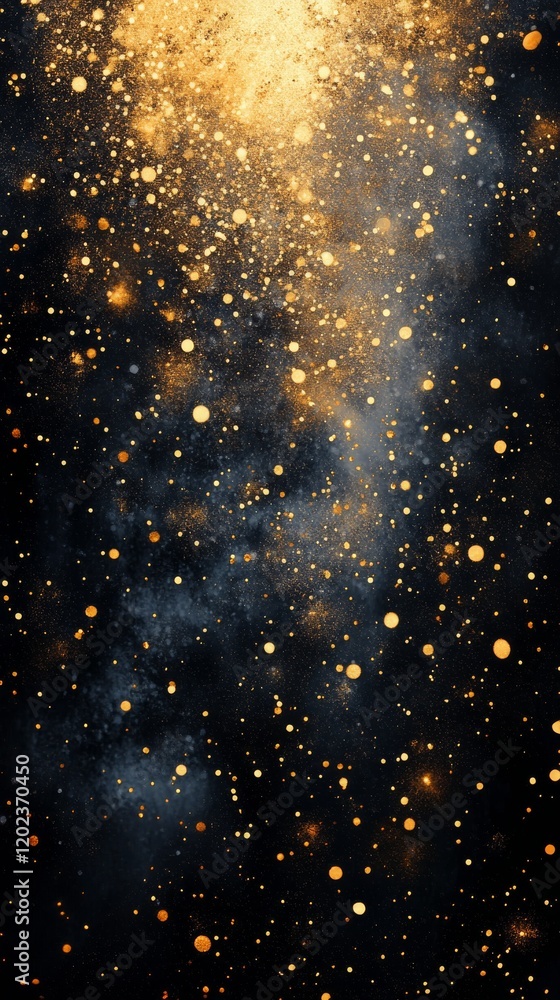 Poster golden sparkles fall in a cascade against a dark background creating a mesmerizing effect