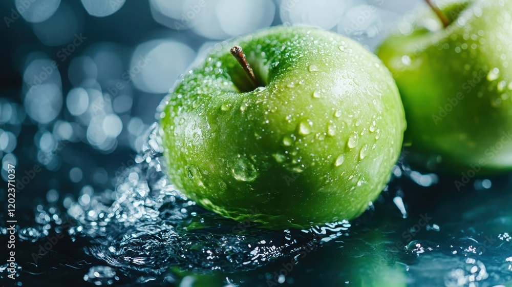 Poster two fresh green apples splash into water, creating dynamic droplets and an invigorating atmosphere, 