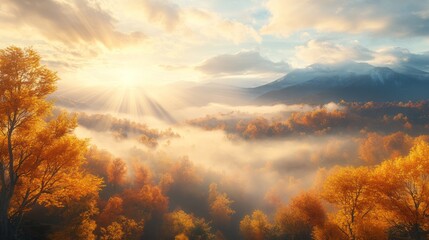 Obraz premium Autumnal Mountain Majesty: Sunbeams Dance Through Misty Forest