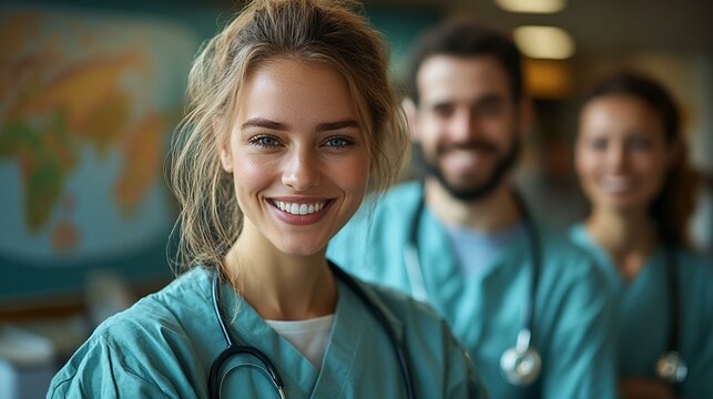 A group of healthcare professionals celebrating World Health Day with a banner in a hospital lobby, promoting global health initiatives. 285