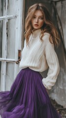 Obraz premium Stylish woman poses in a cozy sweater and purple skirt with natural light enhancing the look