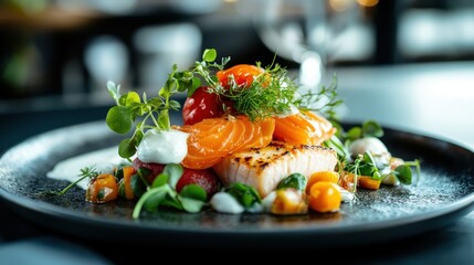 A beautifully presented grilled salmon salad topped with vibrant herbs and fresh vegetables, representing a healthy and gourmet dining option.
