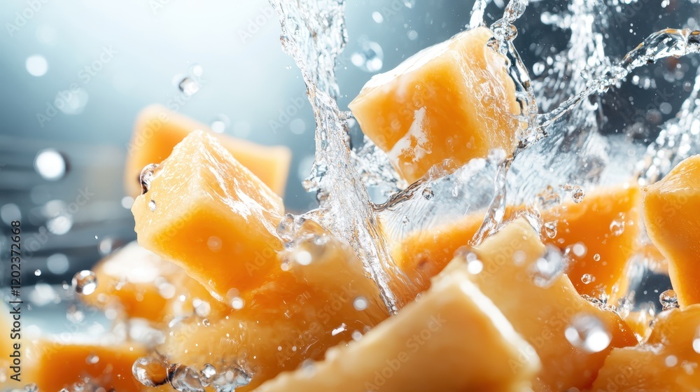 Aufkleber a vibrant image of melon cubes splashing into clear water, capturing the essence of freshness and vi