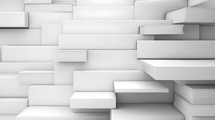 Clean abstract 3D arrangement of white book stairs seamless white backdrop