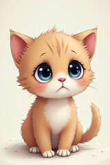 Fototapeta premium Adorable ginger kitten with big sad blue eyes on pastel background, illustration, vertical