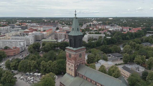 Aerial view of Cathedral of Turku,  the only preserved medieval basilica in Finland. Flying backwards.