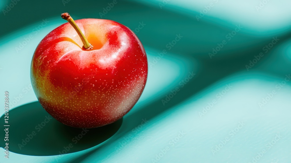 Poster a captivating red apple is bathed in bright light, casting soft shadows that create an intriguing vi