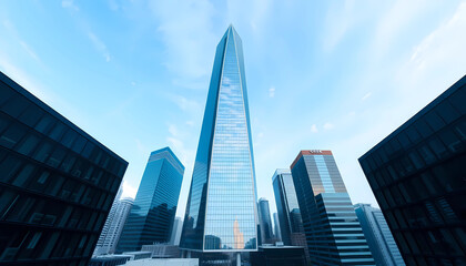 Fototapeta premium Imposing skyscraper towering above urban cityscape under a blue sky