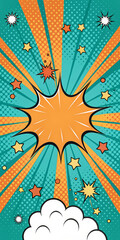 Obraz premium Comic-Style Teal And Orange Background With Halftone Dots, Stars, And Dynamic Speech Bubble Design, Suitable For Marketing, Entertainment Businesses, Pop Art Campaigns, Or Creative Projects.