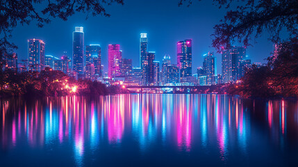 Fototapeta premium City skyline illuminated by colorful lights reflected in the water at night