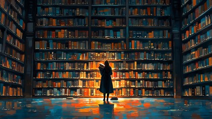 Woman Silhouetted Against a Wall of Books in a Library