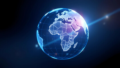 Fototapeta premium Illuminated 3D globe of Africa with hexagonal overlays, symbolizing global connectivity and technology. Dark blue background.