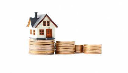 Miniature house model on a stack of coins representing real estate investment