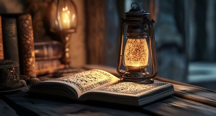 Open book with glowing lantern and vintage books on a wooden table in a warm, serene setting