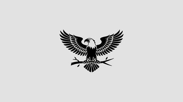 A minimalistic black and white eagle soars above a mountain and river landscape.