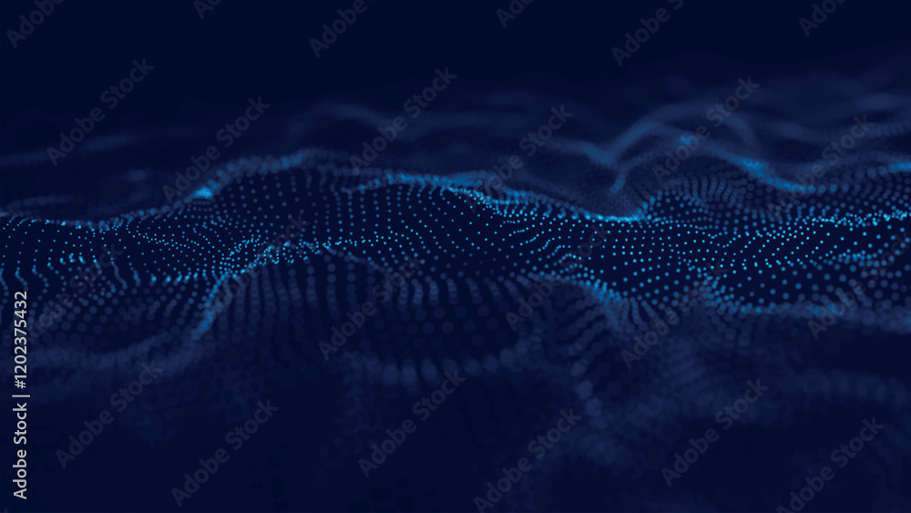 Poster futuristic point wave of particles. visualization of sound waves. dark background. technology or sci