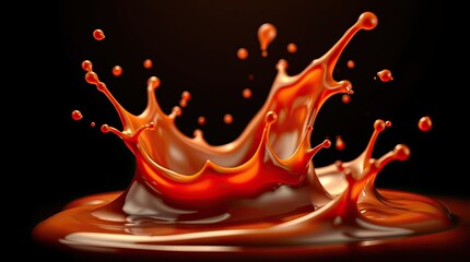 3D rendered image an extreme macro close-up of a chocolate fluid splash. The warm golden glow highlights the dynamic fluid movement,Dark background 