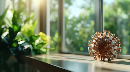 A close-up of a colorful virus model perched on a windowsill, beautifully framed by natural light and greenery, symbolizes the impactful intersection of science and the natural world.