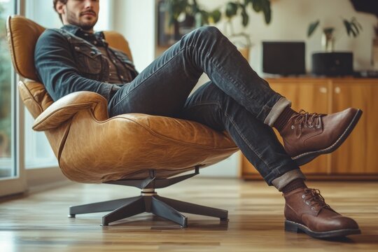 Young man relaxing in an elegant chair during afternoon in a stylish indoor space