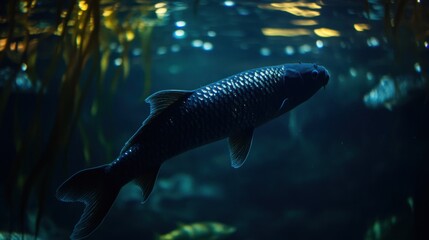 Fototapeta premium Dark fish swimming underwater among kelp.