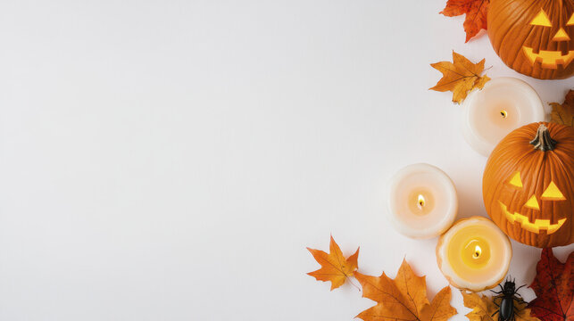 Spooky carved pumpkins, candles, and autumn leaves create festive Halloween atmosphere