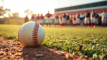 Baseball auf einem Spielfeld mit Mannschaft im Hintergrund