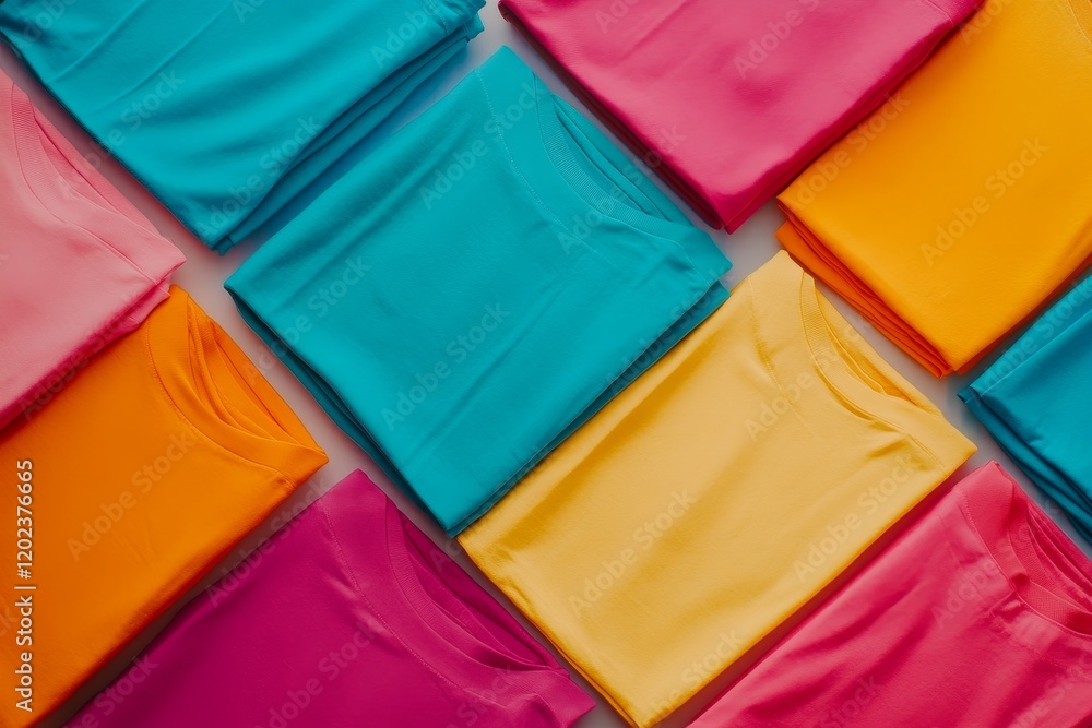 Poster folded t shirts in multiple bright colors arranged on a solid background for display purposes