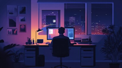 Fototapeta premium A professional working late at night in a dimly lit but modern home office