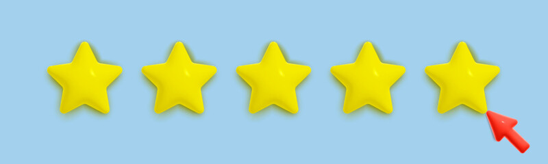 Five stars rating with red arrow  Realistic vector customer review. Positive rating concept with shiny yellow stars on white background