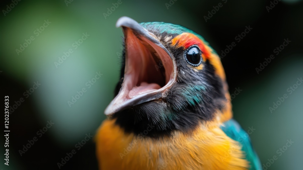 Poster a close-up shot capturing a bird with its beak wide open in a yawn, showcasing its vibrant feathers 